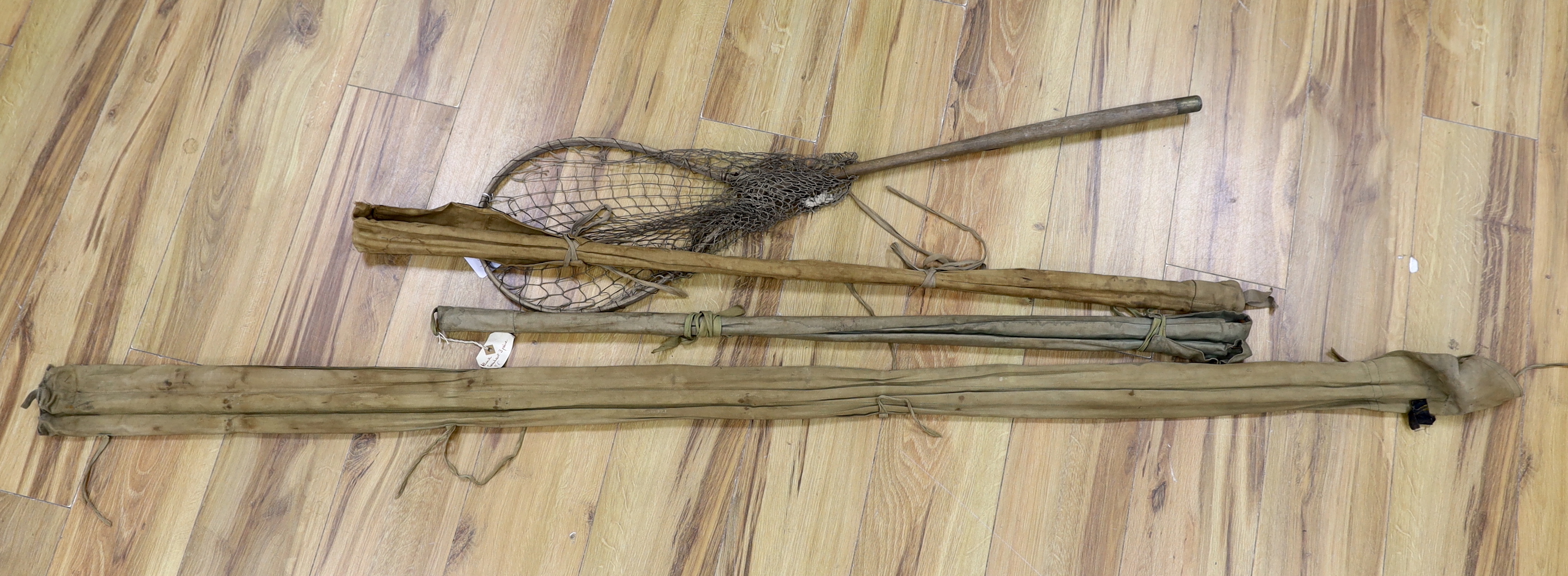 Alcock fishing rods including Greenheart 3 piece and a landing net